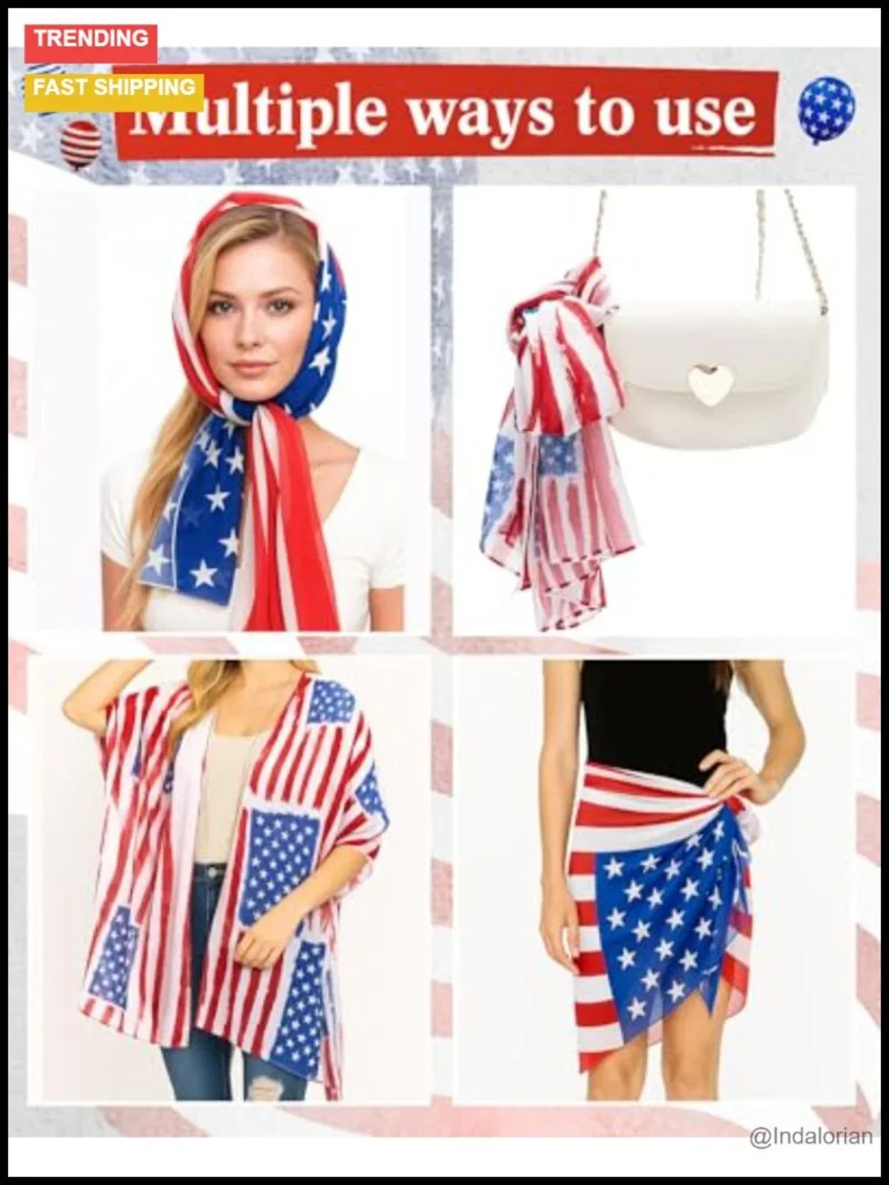 Patriotic Chiffon Shawl Scarf for Women 4th of July